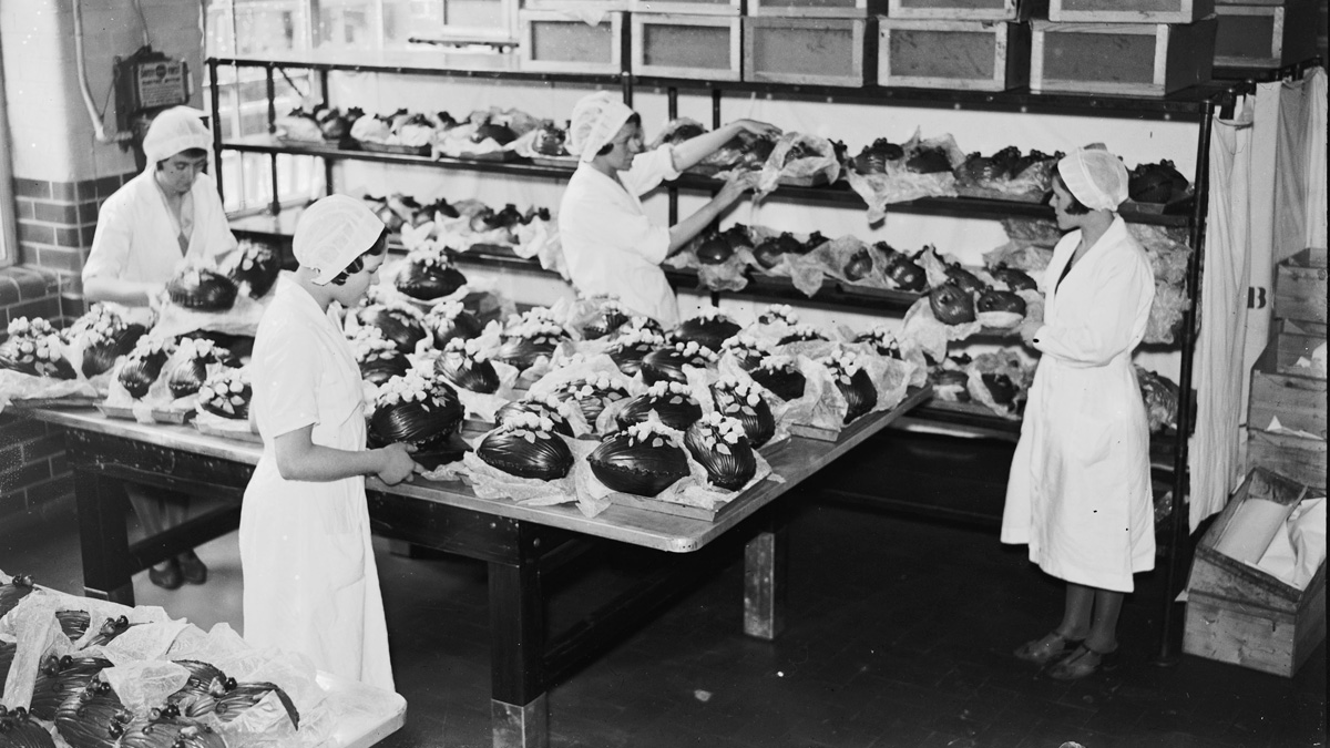 Women making chocolate Easter Eggs at the Cadbury factory in Bournville in 1933