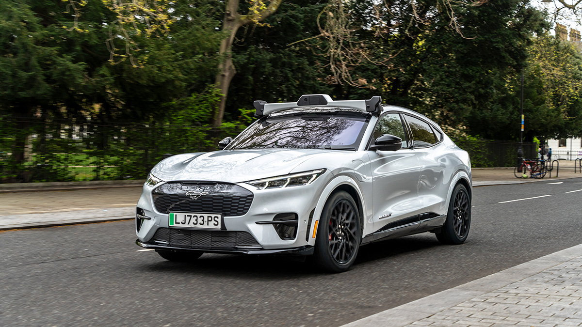 Wayve Mustang car driving through the streets of London