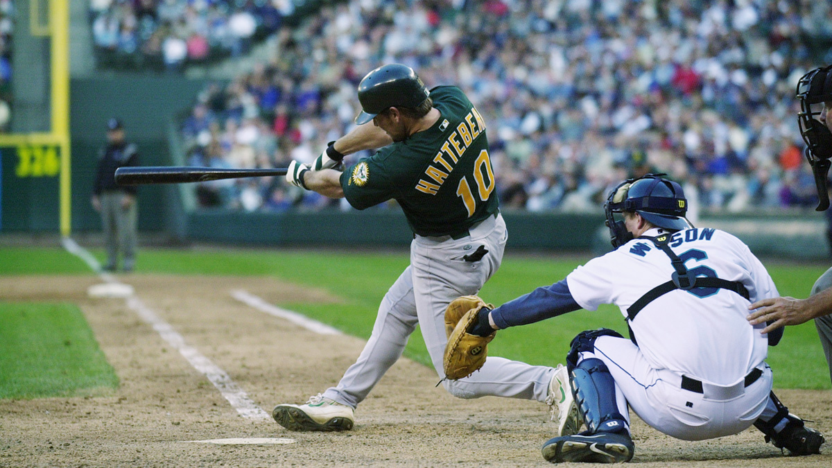 Scott Hatteburg of the Oakland A's during their game against the Seattle Mariners in 2002